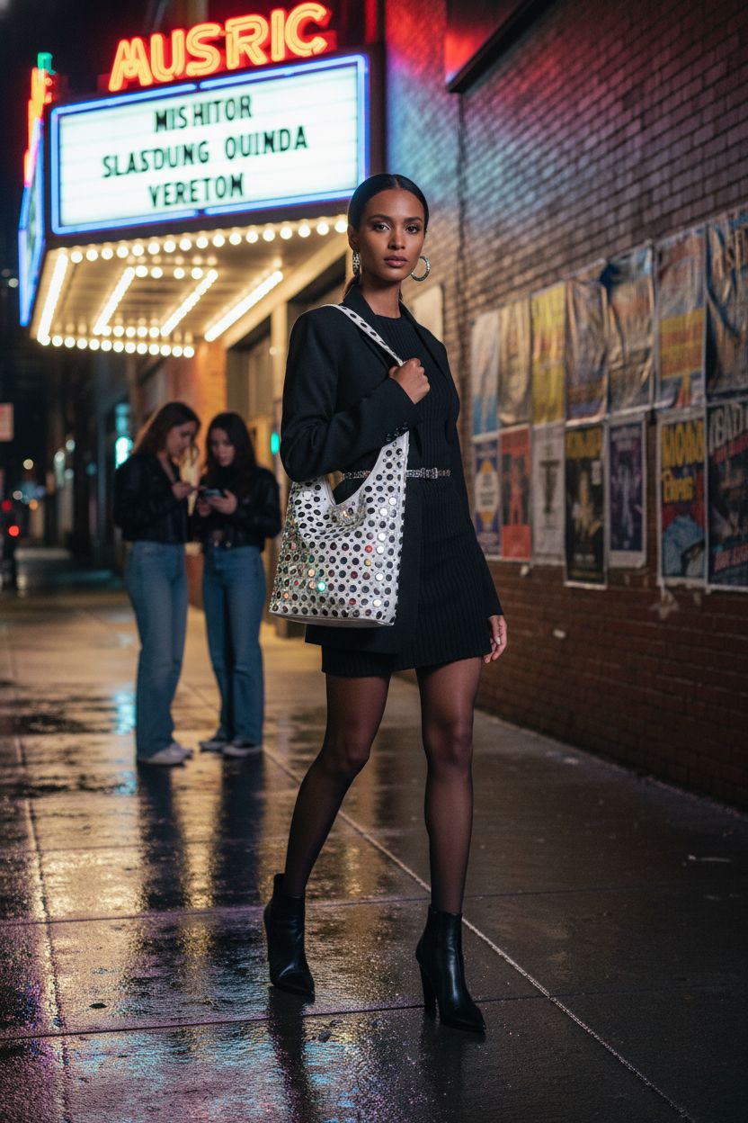 OWGSEE white chrome-studded hobo bag, perfect for nightlife, accentuated by colorful neon lights.