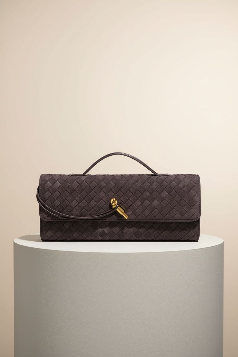 Centered JYG suede woven handbag on an ivory background highlighting its details.