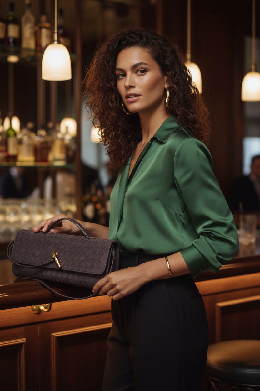 JYG suede woven bag elegantly placed on a bar counter, showcasing its chic design.