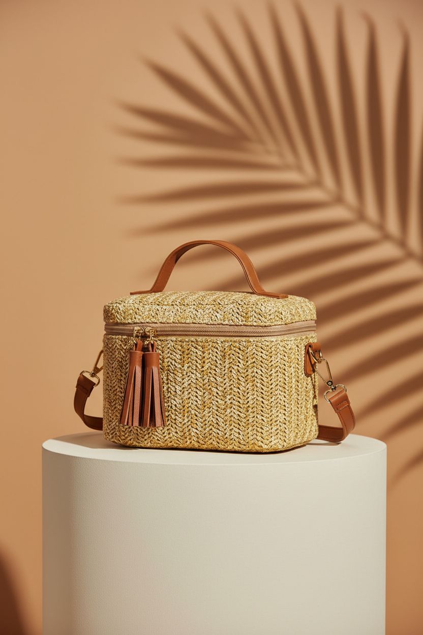 NEWBELLA Women’s Straw Crossbody Bag in studio showcasing straw weave and faux leather details.