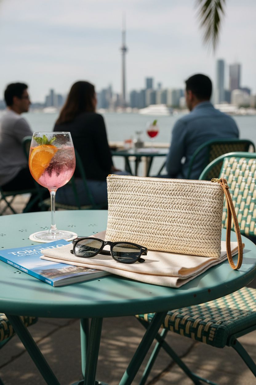 COOKOOKY straw wristlet on a teal café table with sunglasses and a guide, perfect for seaside relaxation.