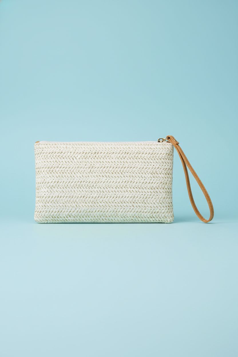 Close-up of COOKOOKY straw wristlet showcasing craftsmanship and texture against a pastel backdrop.