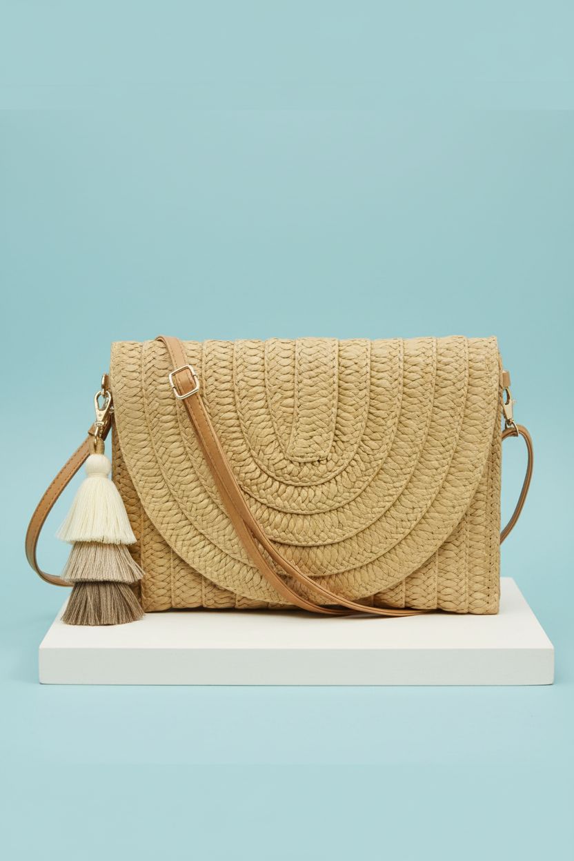Aovtero light brown straw handbag showcased in a studio, highlighting quality and style.
