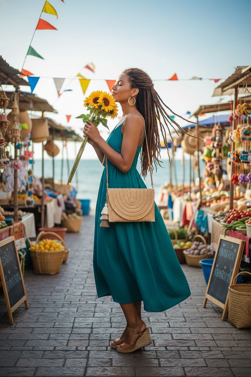 Aovtero light brown straw crossbody bag at a sunny market, ideal for summer outings.