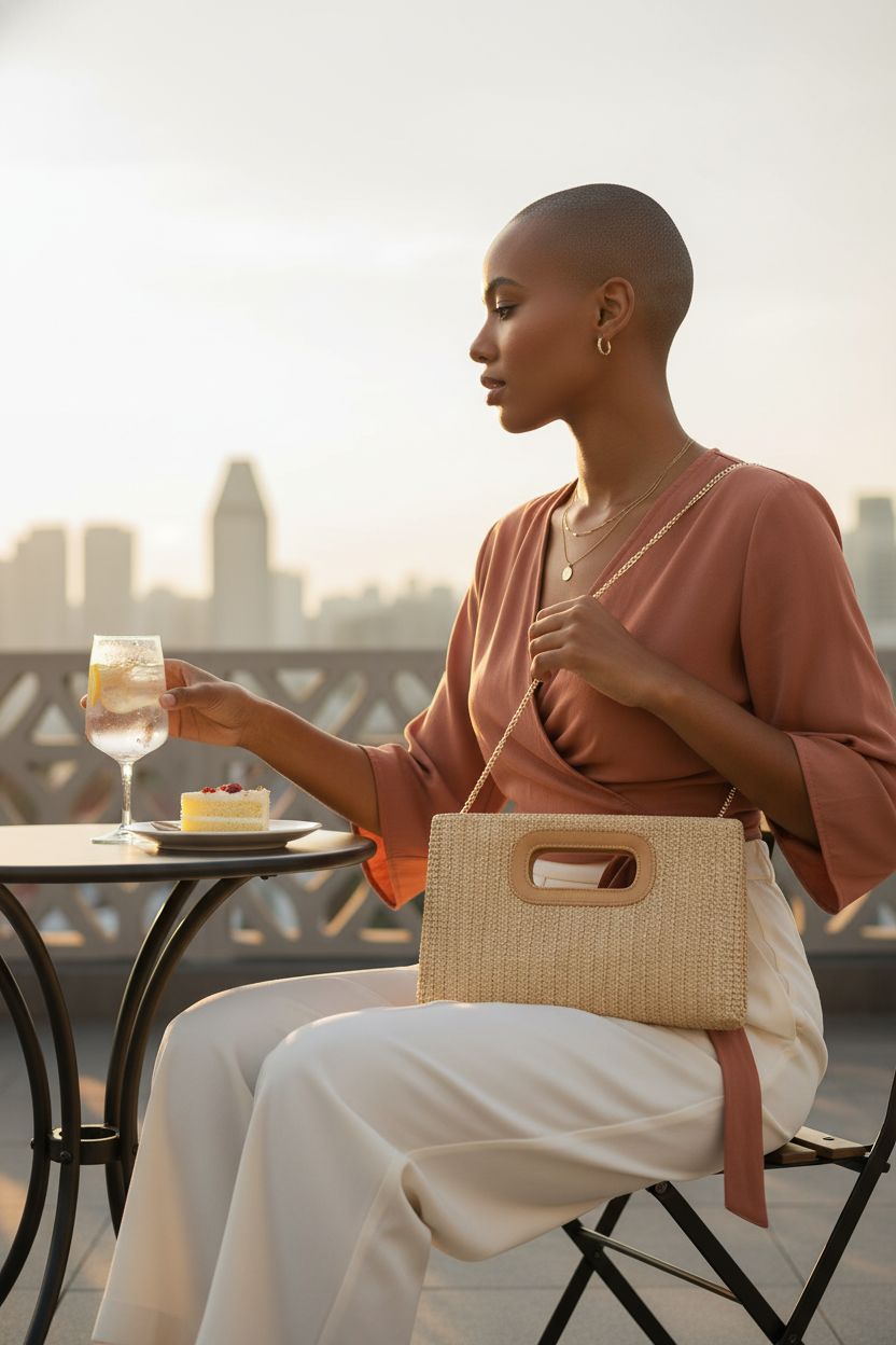 Kseymeir raffia shoulder bag on lap at a chic rooftop cafe, ideal for stylish summer days.