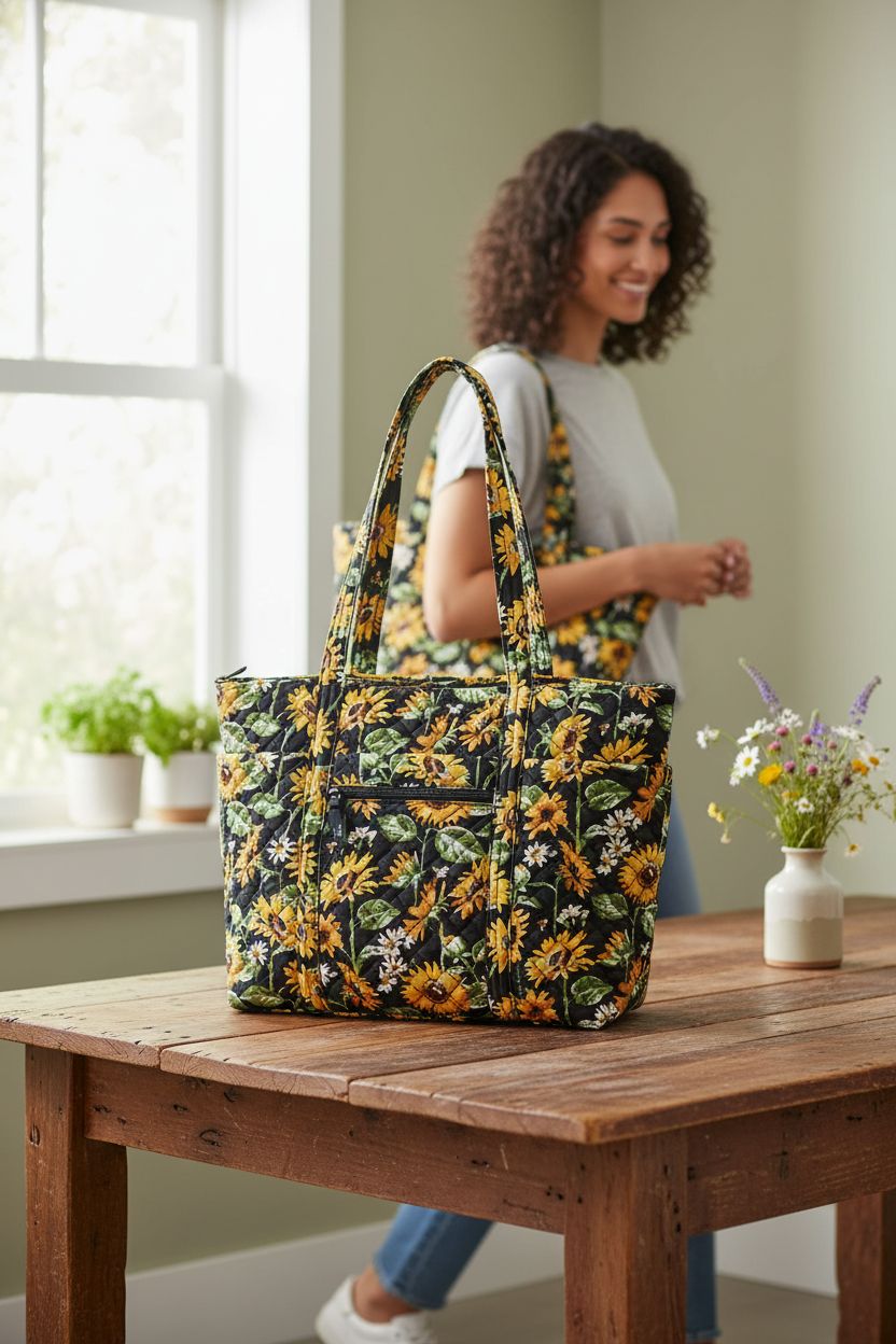 Vera Bradley sunflower purse resting on a reclaimed wood table in a sunny kitchen nook, creating a calm vibe