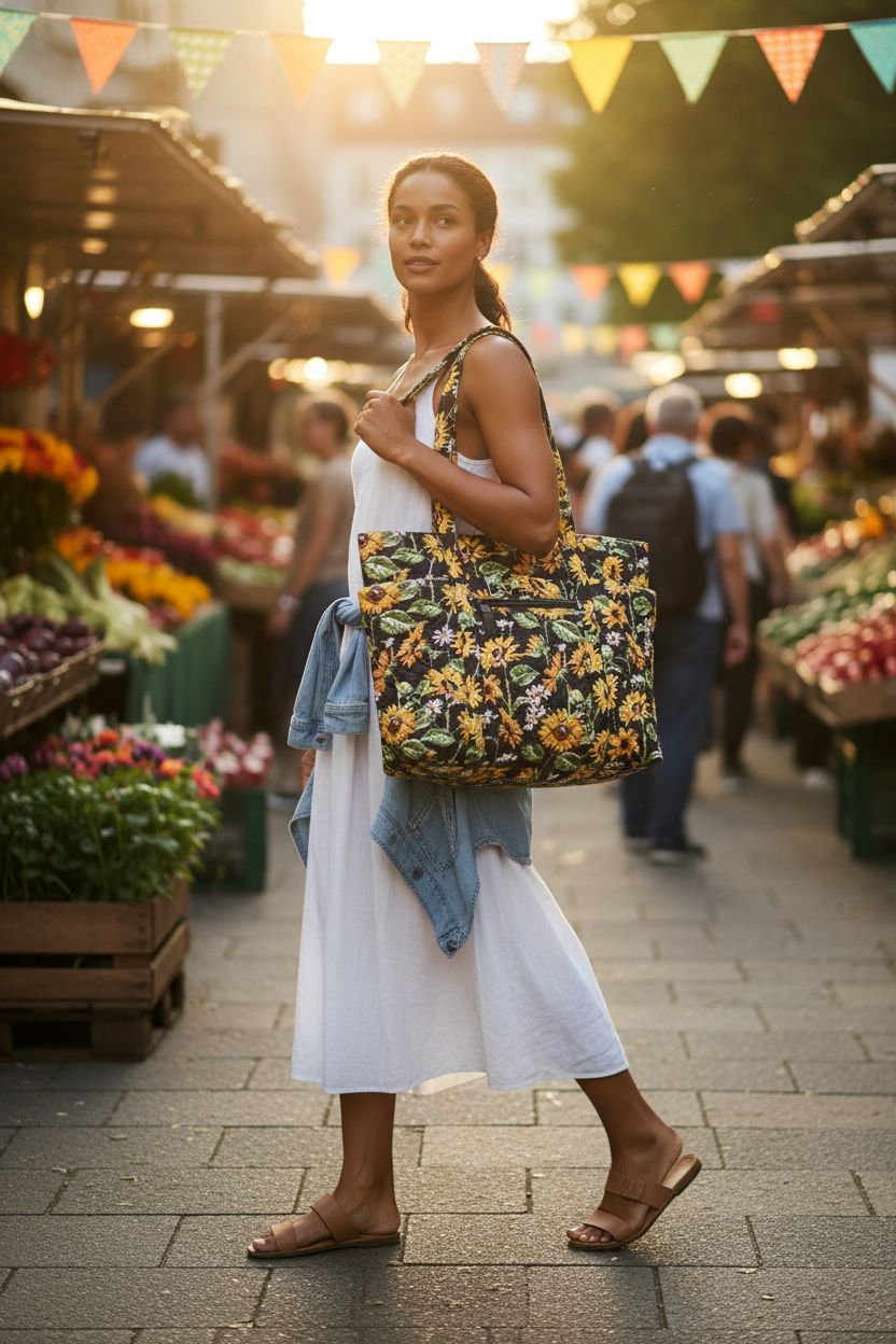 Vera Bradley sunflower tote bag held in a bustling market, showcasing vibrant print and recycled cotton material