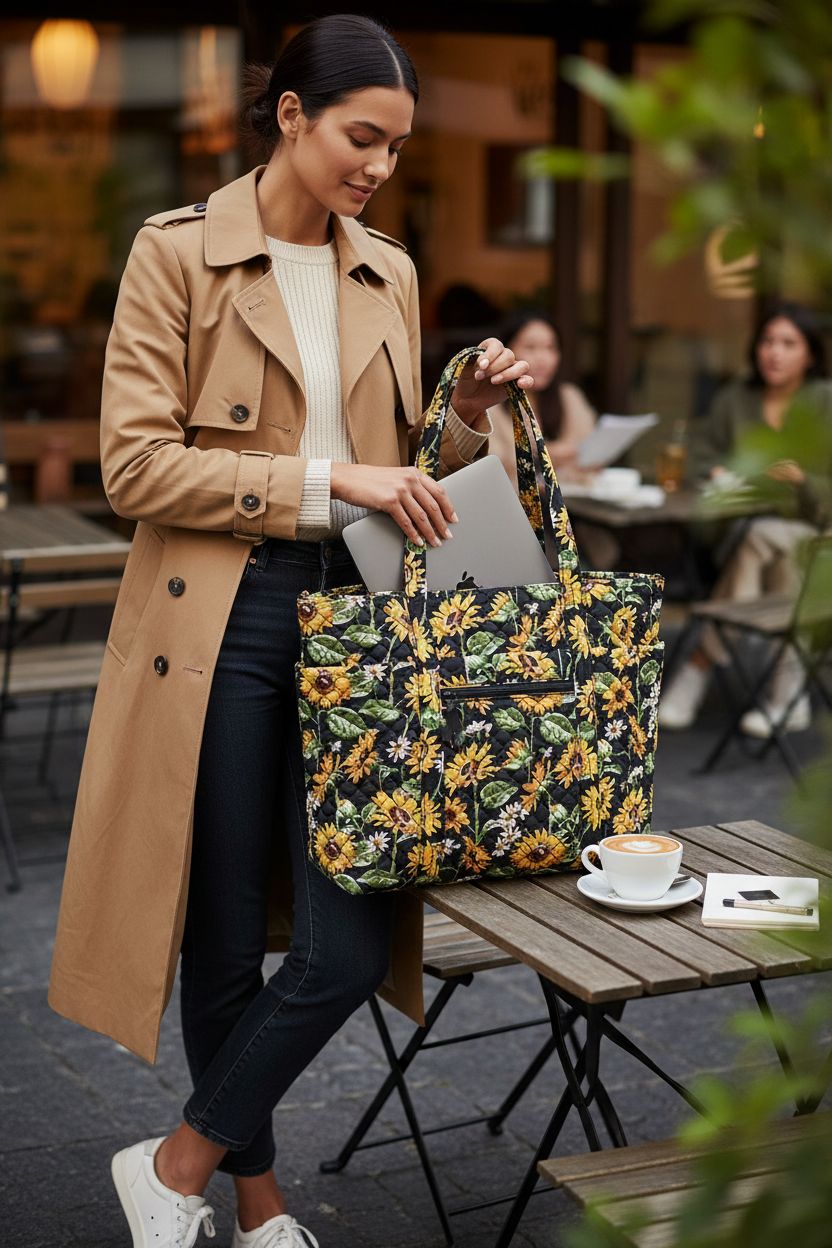 Vera Bradley sunflower purse on a café patio, laptop being placed inside for work breaks