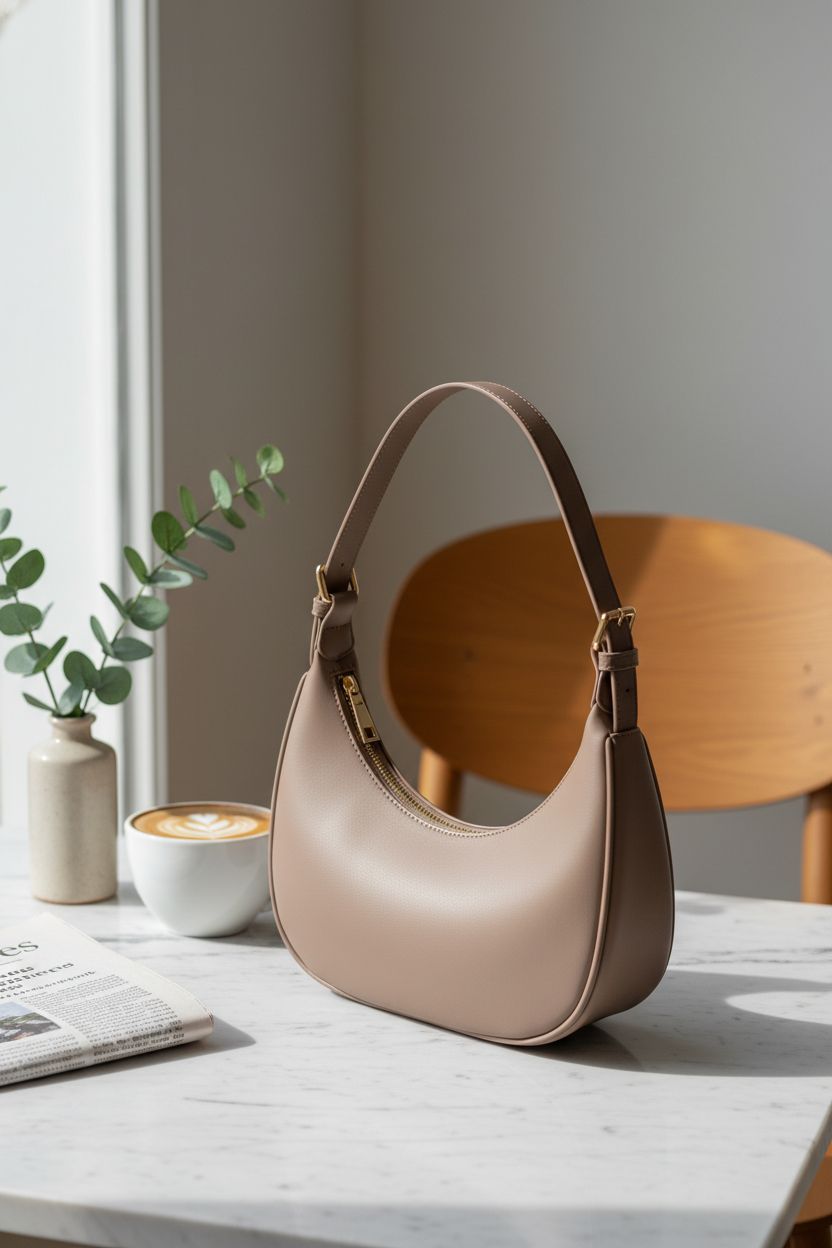 SYXLCYGJ taupe crescent bag on a marble table beside coffee and a newspaper in a café