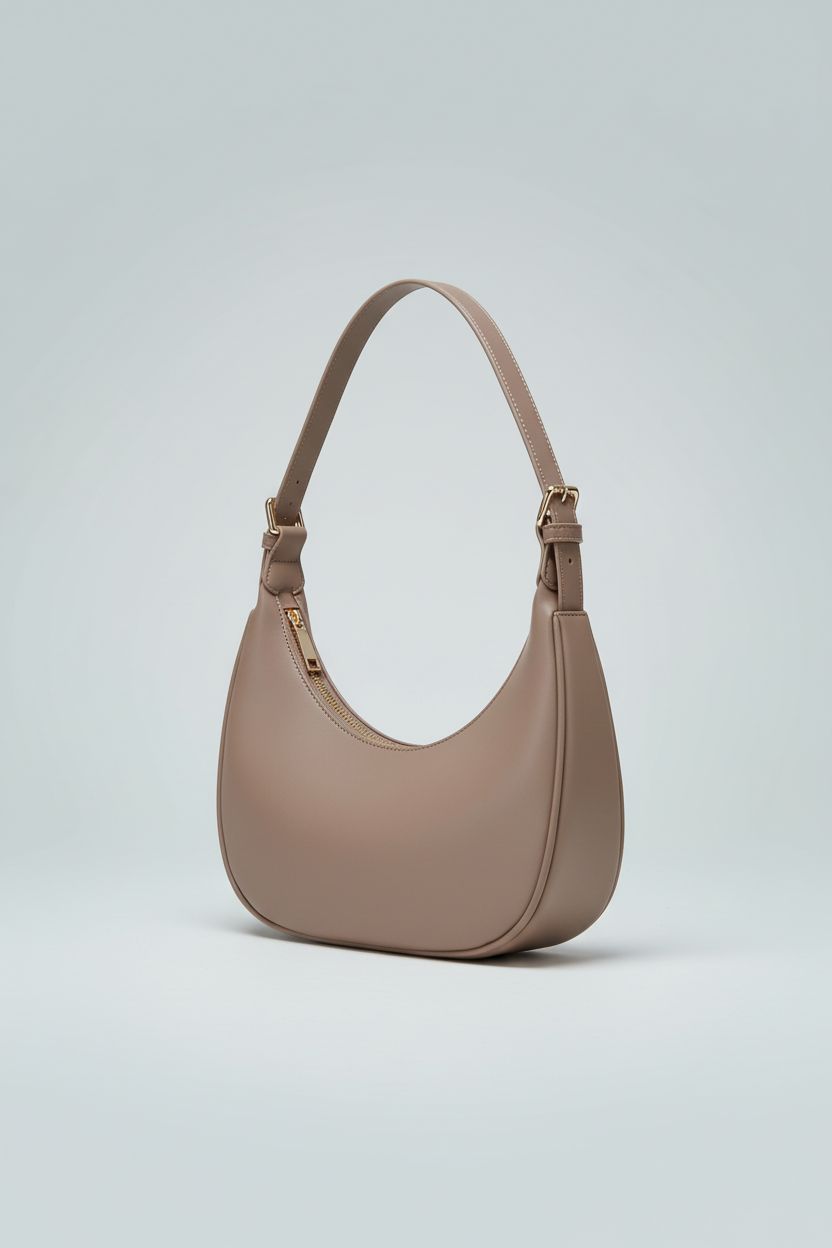 SYXLCYGJ taupe crescent handbag showcasing its elegant design and smooth faux leather