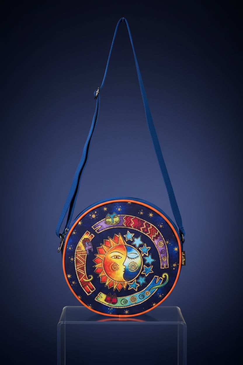 Close-up of Laurel Burch tiny purse, showcasing celestial print and exquisite detailing.