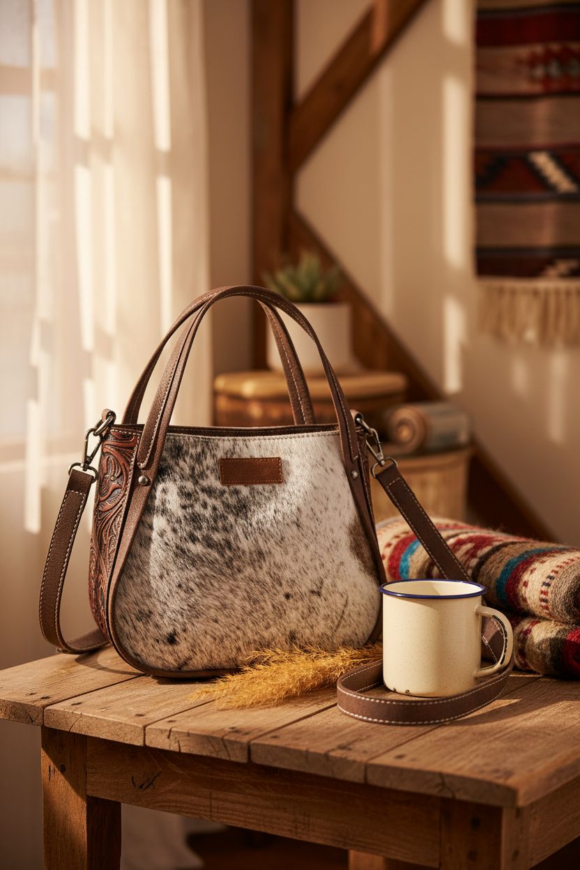Montana West tooled leather purse resting on a rustic table with a mug and blanket, evoking a cozy ranch-house vibe.