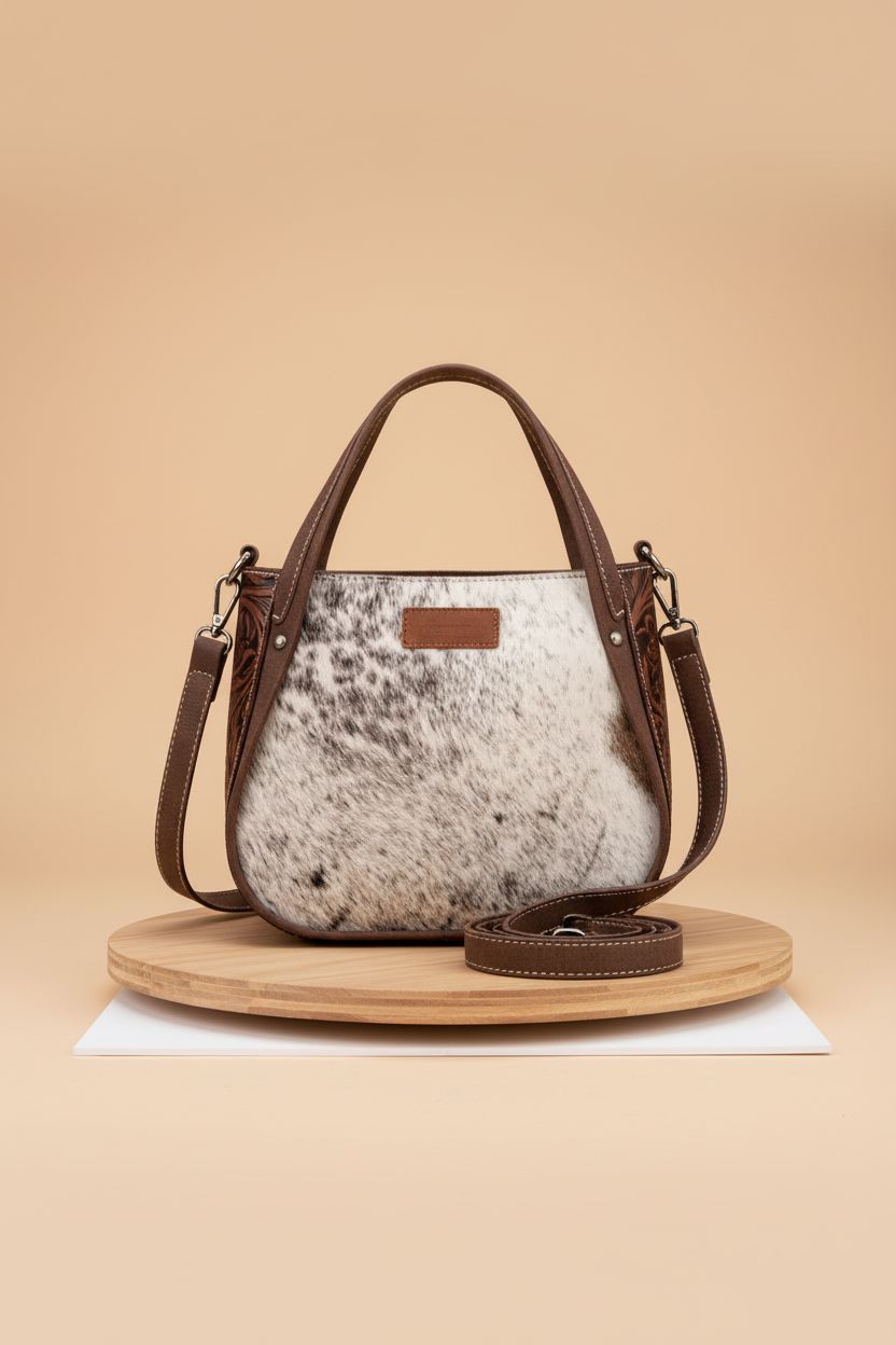 Montana West tooled leather purse in a clean studio setting, showcasing its detailed floral design and detachable strap.