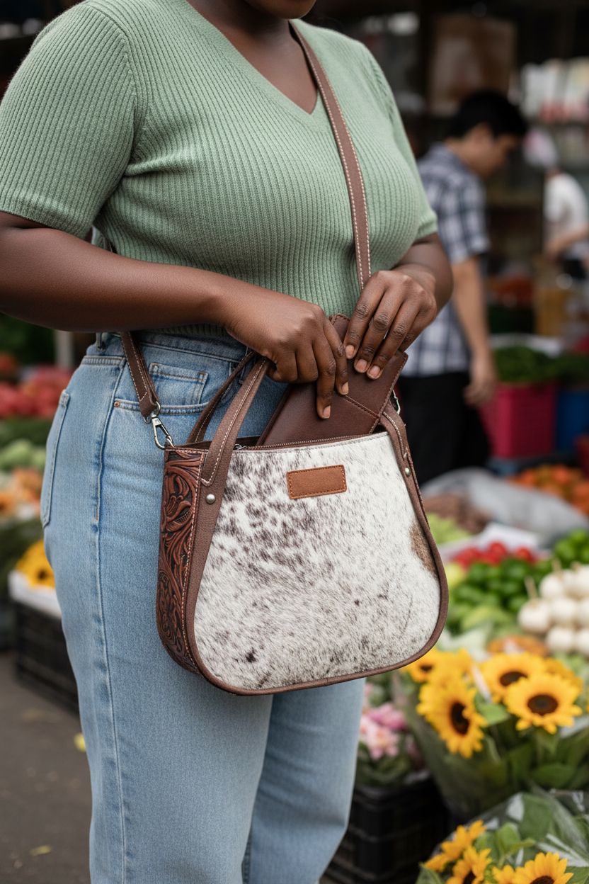Montana West tooled leather purse in brown cowhide, styled crossbody at a farmer's market, showing organized interior.