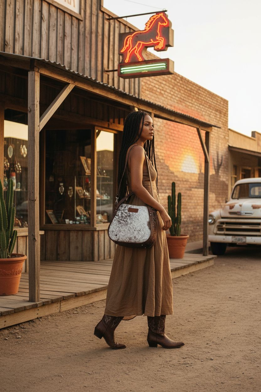 Montana West tooled leather purse in cowhide, captured during golden hour on a rustic street, perfect for casual outings.