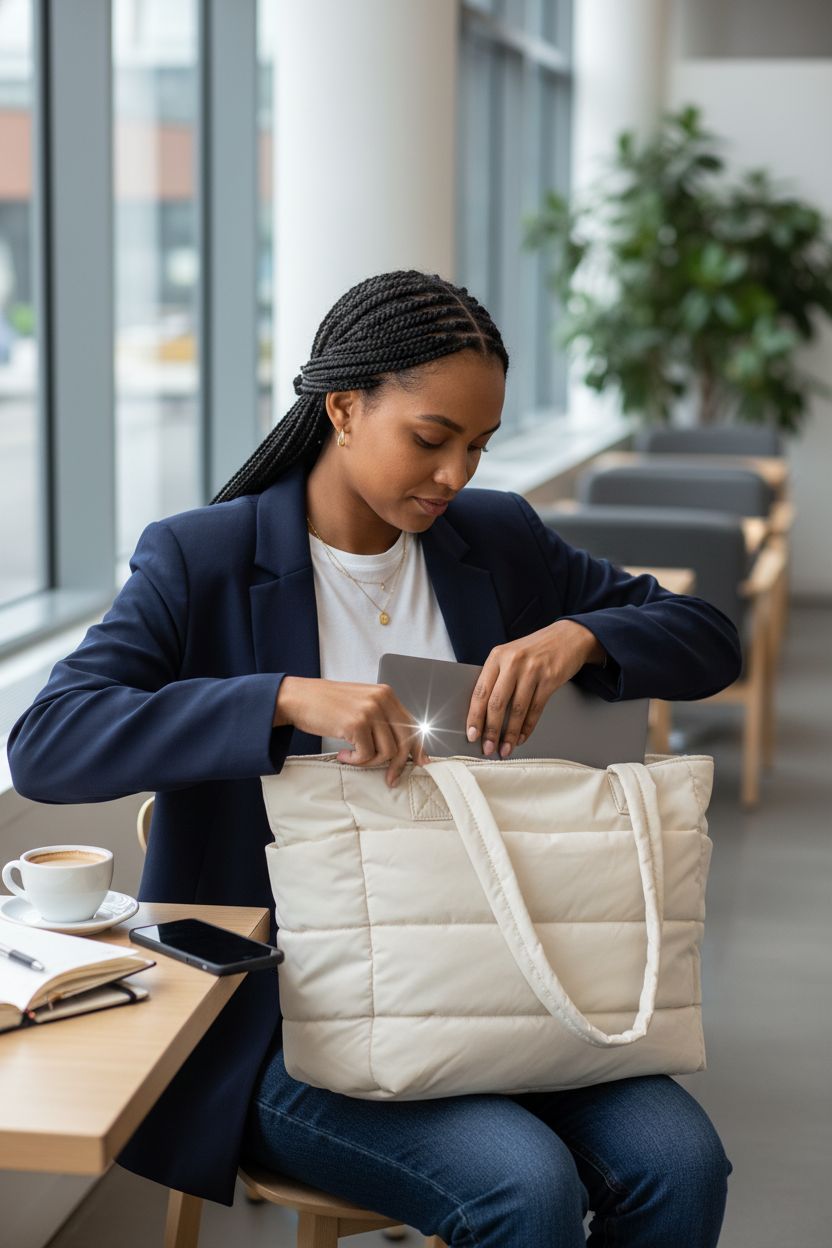 BAGSMART beige puffer tote bag with zipper in office setting, perfect for work and travel.
