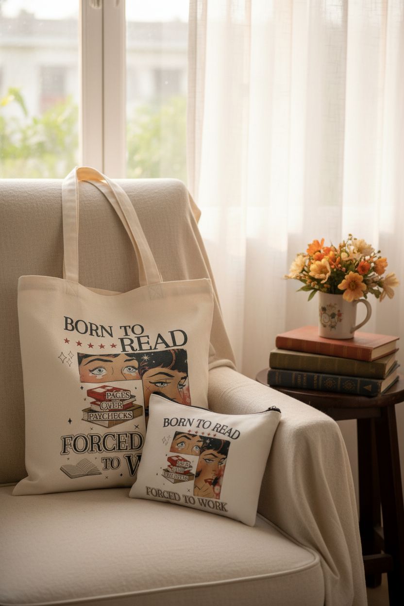 Cozy reading nook featuring Jollaroo tote bag and pouch with books and flowers, perfect for home.