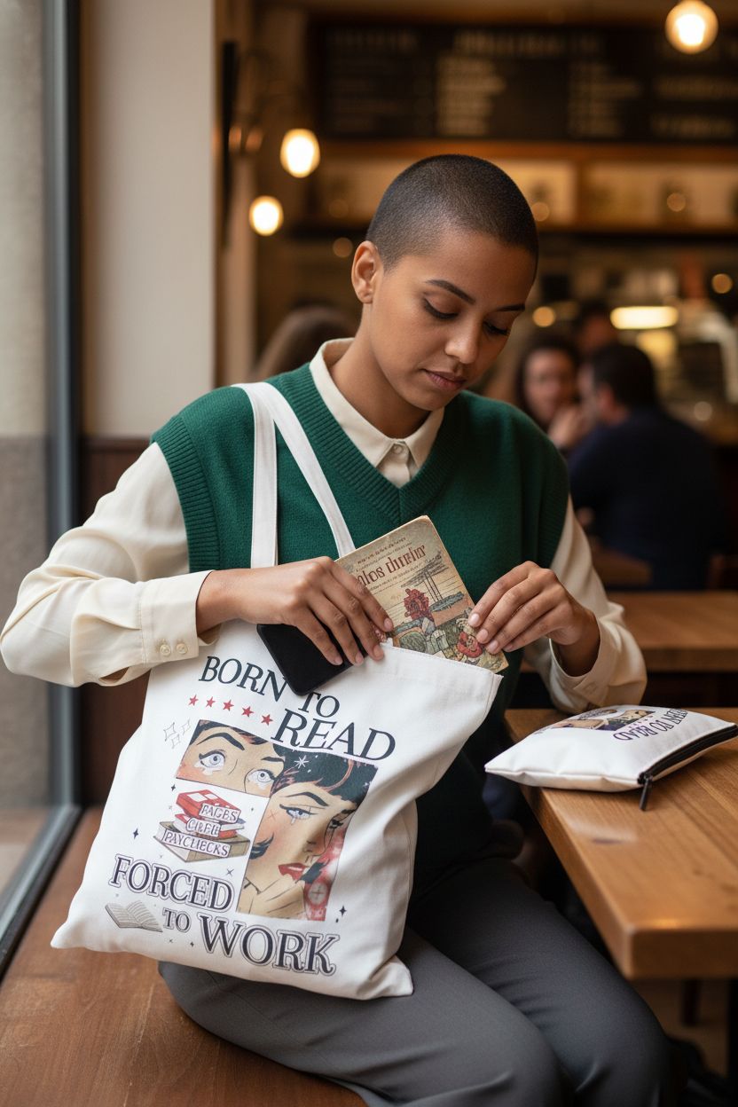 Jollaroo cartoon canvas tote bag set with a zipper pouch at a café, perfect for readers.