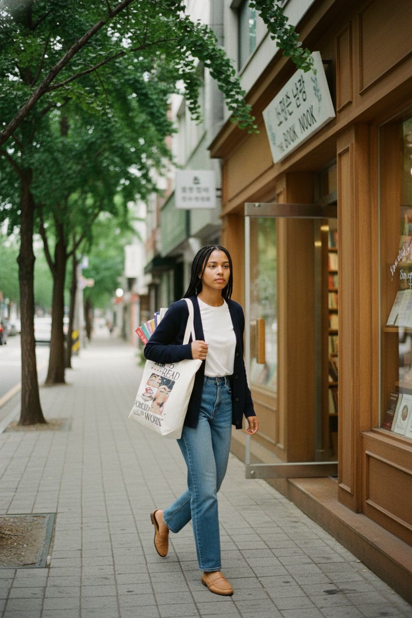Jollaroo canvas tote bag in a bookstore with colorful book spines peeking out, ideal for shopping.
