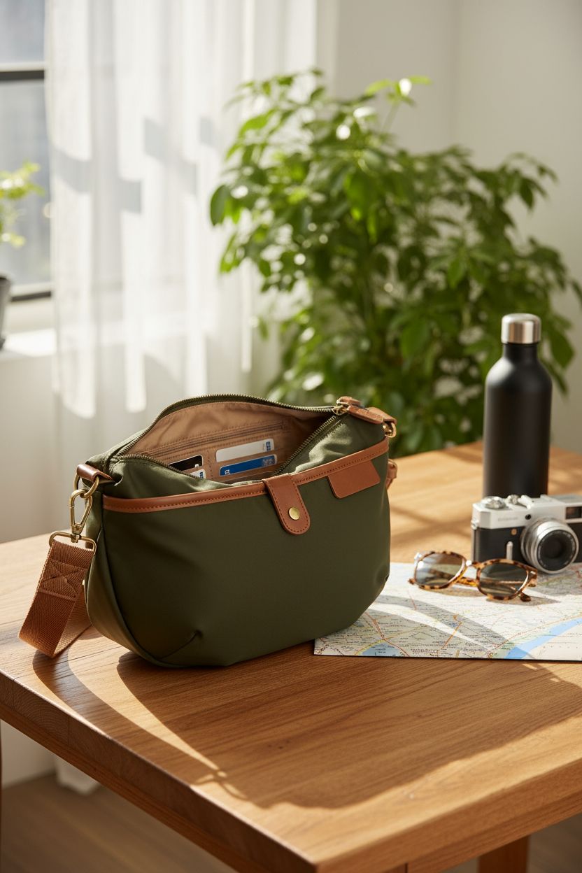 Travel purse resting on oak table with map and camera, embodying adventure - Gyryp