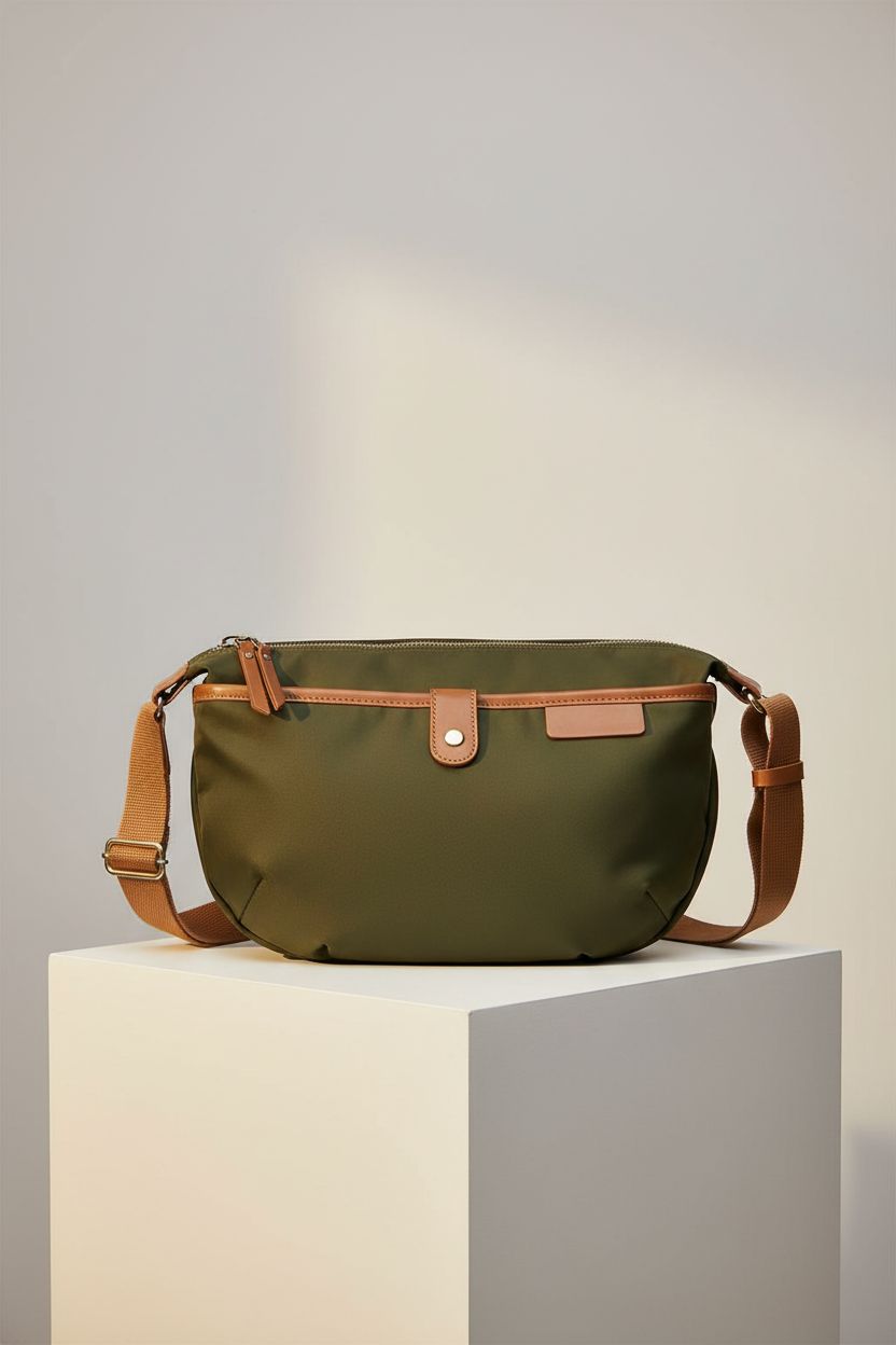 Stylish crescent bag in army green, highlighting nylon texture and craftsmanship - Gyryp