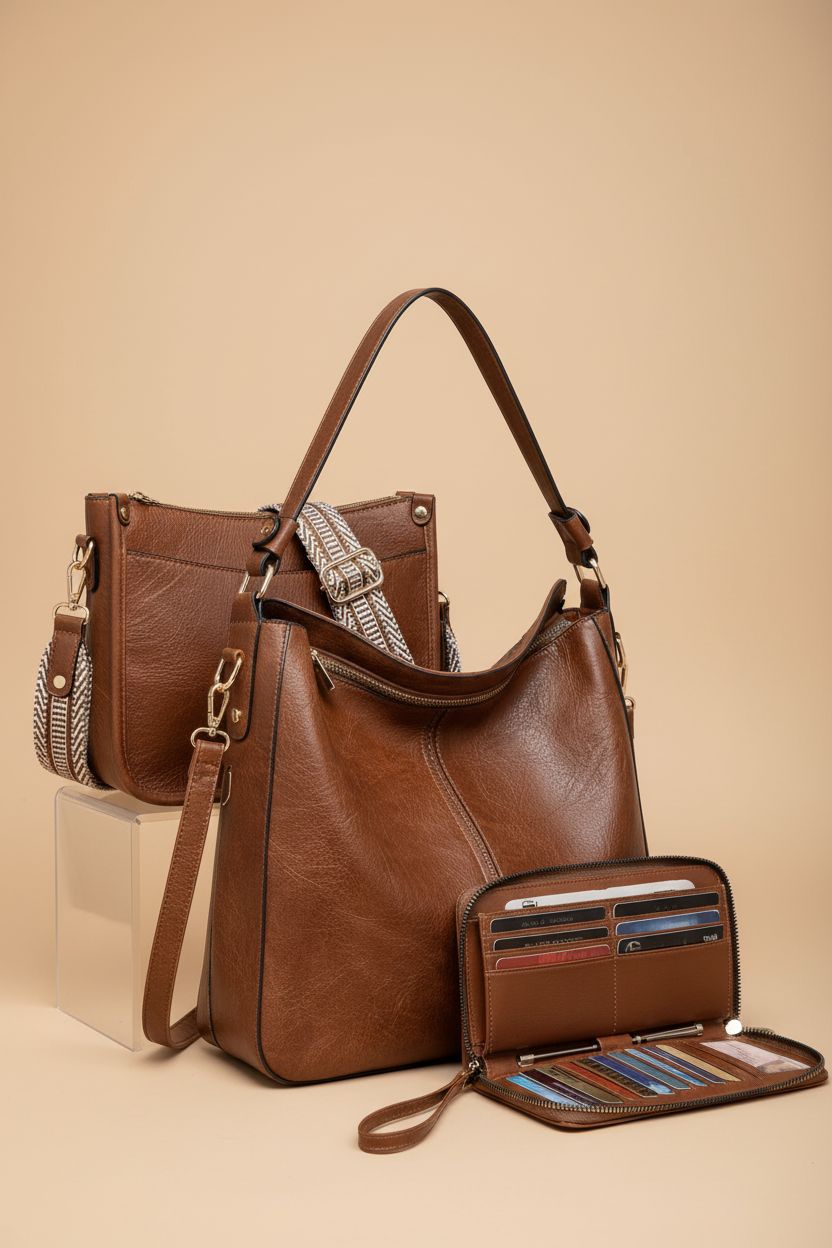 BAVERGE 3PCS purse set on display, highlighting quality leather and design.