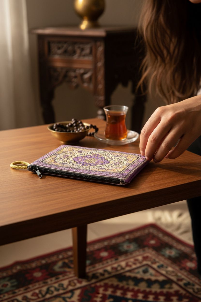 Religious Gifts purple case resting on walnut table, ideal for prayer beads and coins