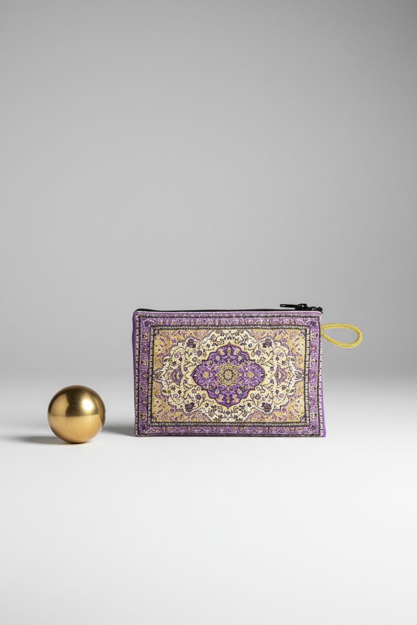 Religious Gifts purple tapestry coin case with detailed stitching and zipper hardware