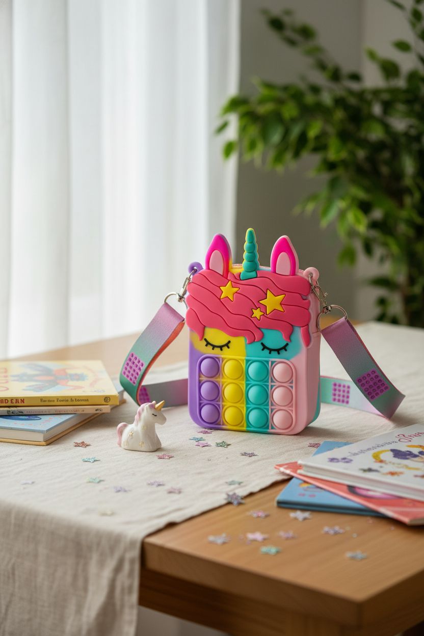 Civan unicorn purse on a cozy reading nook table, surrounded by books and decor, perfect for kids