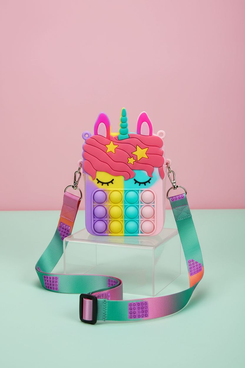 Civan unicorn pop purse on an acrylic riser, highlighting its silicone design and adjustable strap