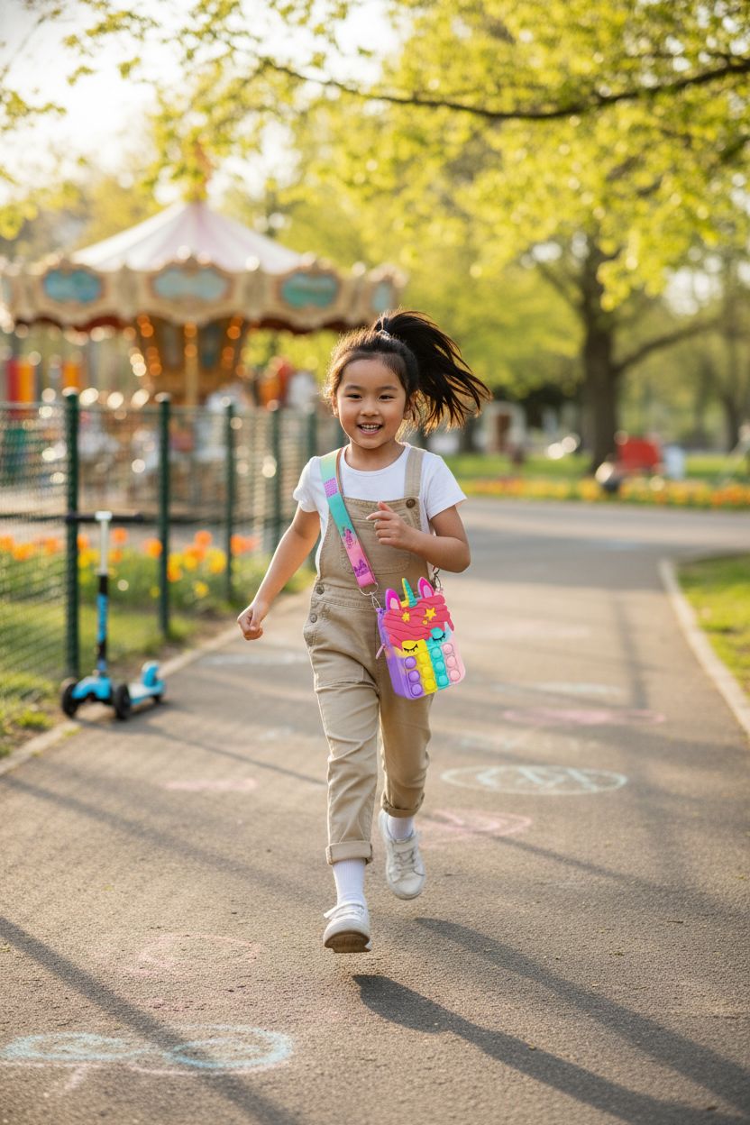 Civan unicorn pop purse on crossbody strap, bouncing at a playground, perfect for kids' fun