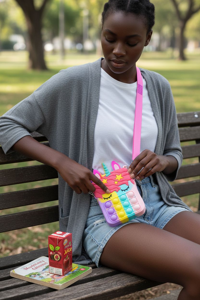 Civan unicorn pop purse showcased on a park bench, perfect for fidget play and relaxation