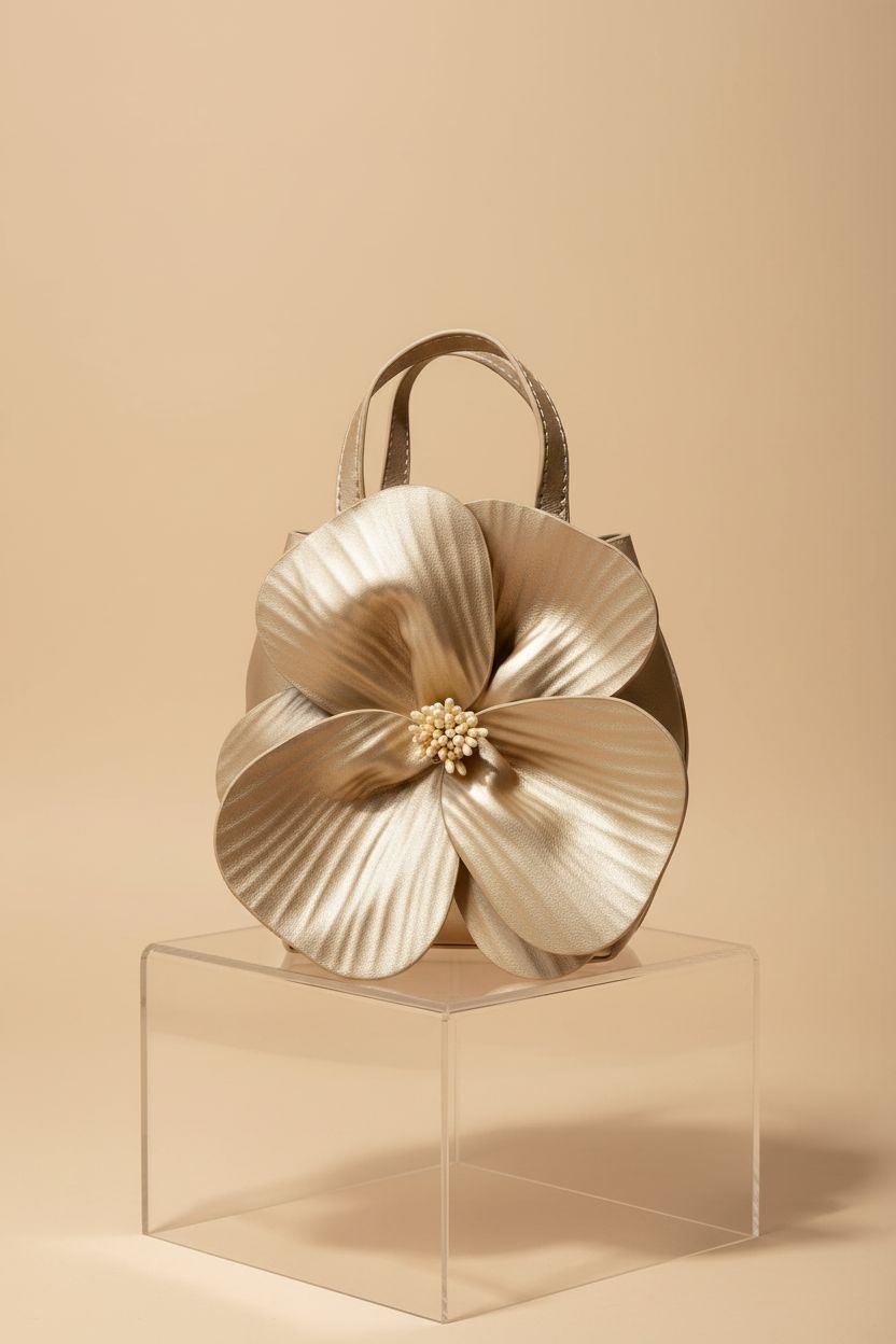 CUXVA Women's Floral Bucket Purse showcasing pleated texture and pearl-like center in studio setting