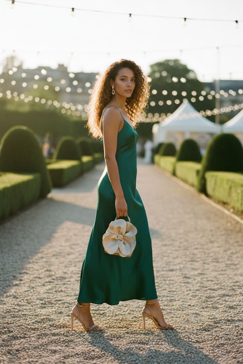 CUXVA Women's Floral Clutch Purse in champagne-gold with pleated petals, perfect for garden weddings