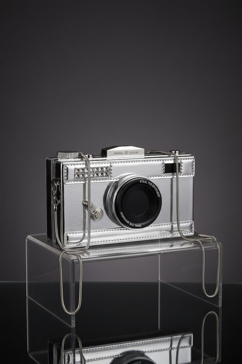 QZUnique camera-shaped handbag on glossy riser, highlighting its stylish design and details.