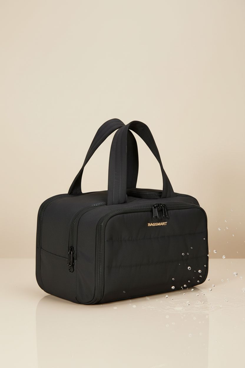 BAGSMART black puffer toiletry bag with water droplets, highlighting its easy-clean feature.