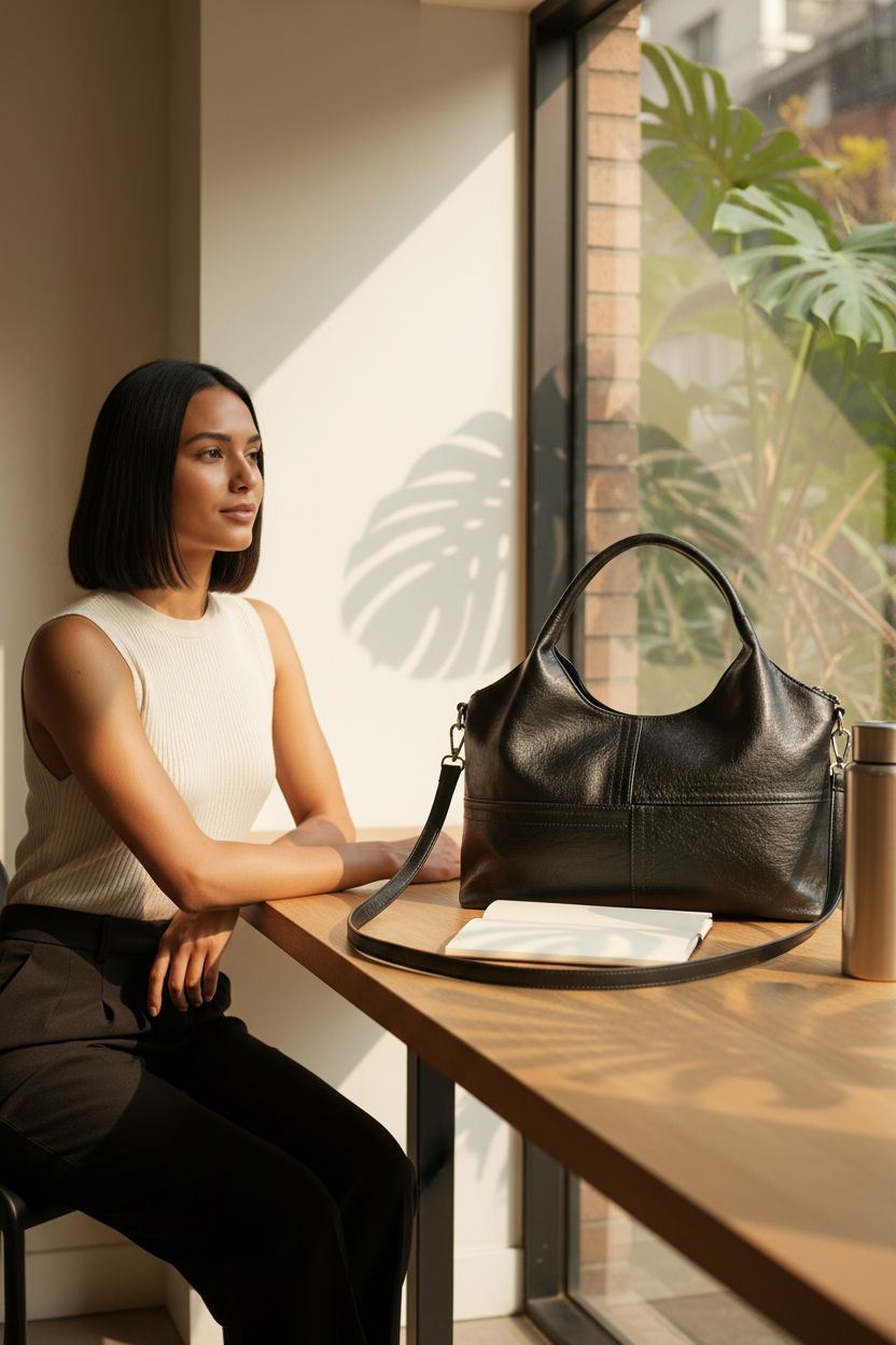 KOGTLA black vegan hobo bag on a café table, highlighting its eco-friendly charm.