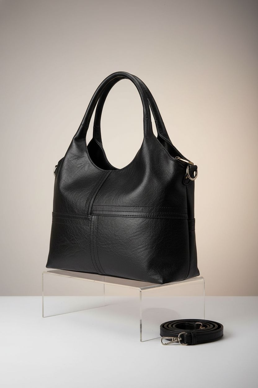 KOGTLA black vegan hobo bag on acrylic riser, showcasing its premium features.