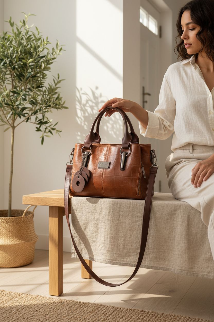 Brown vegan leather tote by mcuvaec on a cozy entryway bench with olive tree