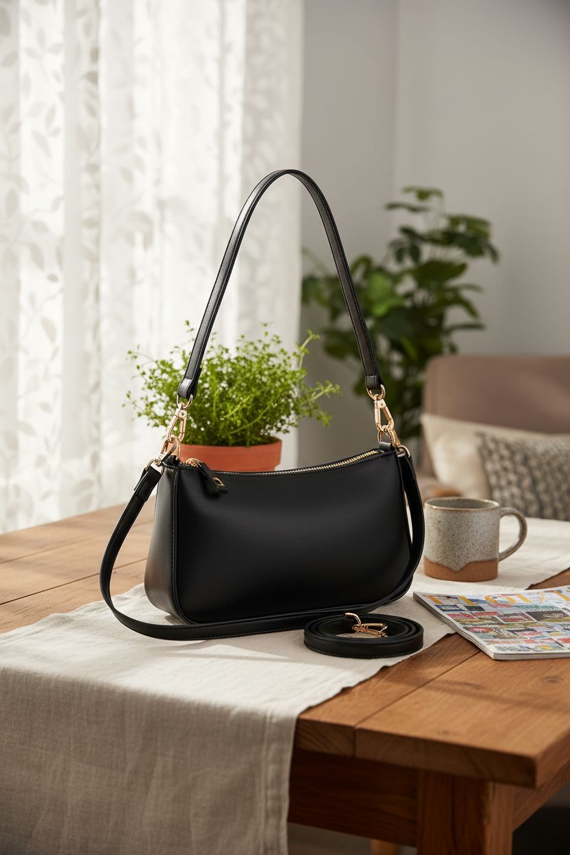 NIUEIMEE ZHOU vegan shoulder bag resting on a rustic wooden table with homey decor.