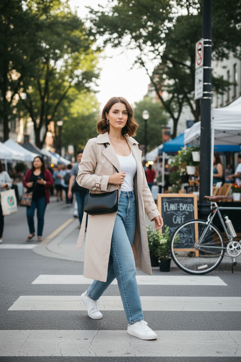 NIUEIMEE ZHOU vegan leather shoulder bag in a vibrant outdoor eco-market setting.