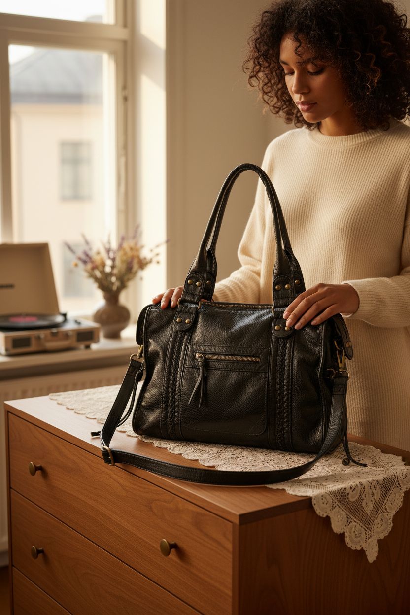 Cozy setting featuring JOLLQUE vintage bag on a walnut dresser, highlighting washed leather and stylish design.