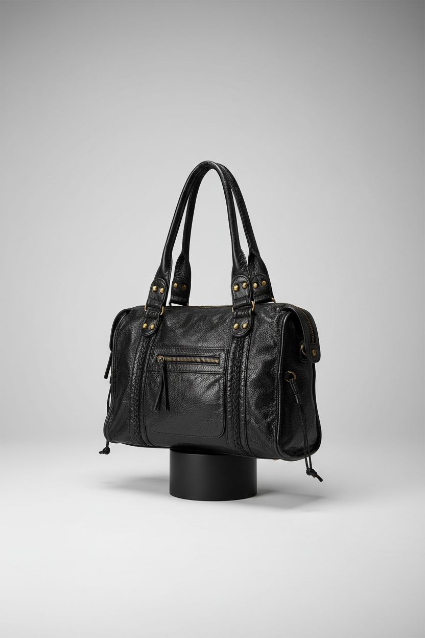 JOLLQUE large retro washed leather handbag showcasing rivets and zipper details in a clean studio setting.