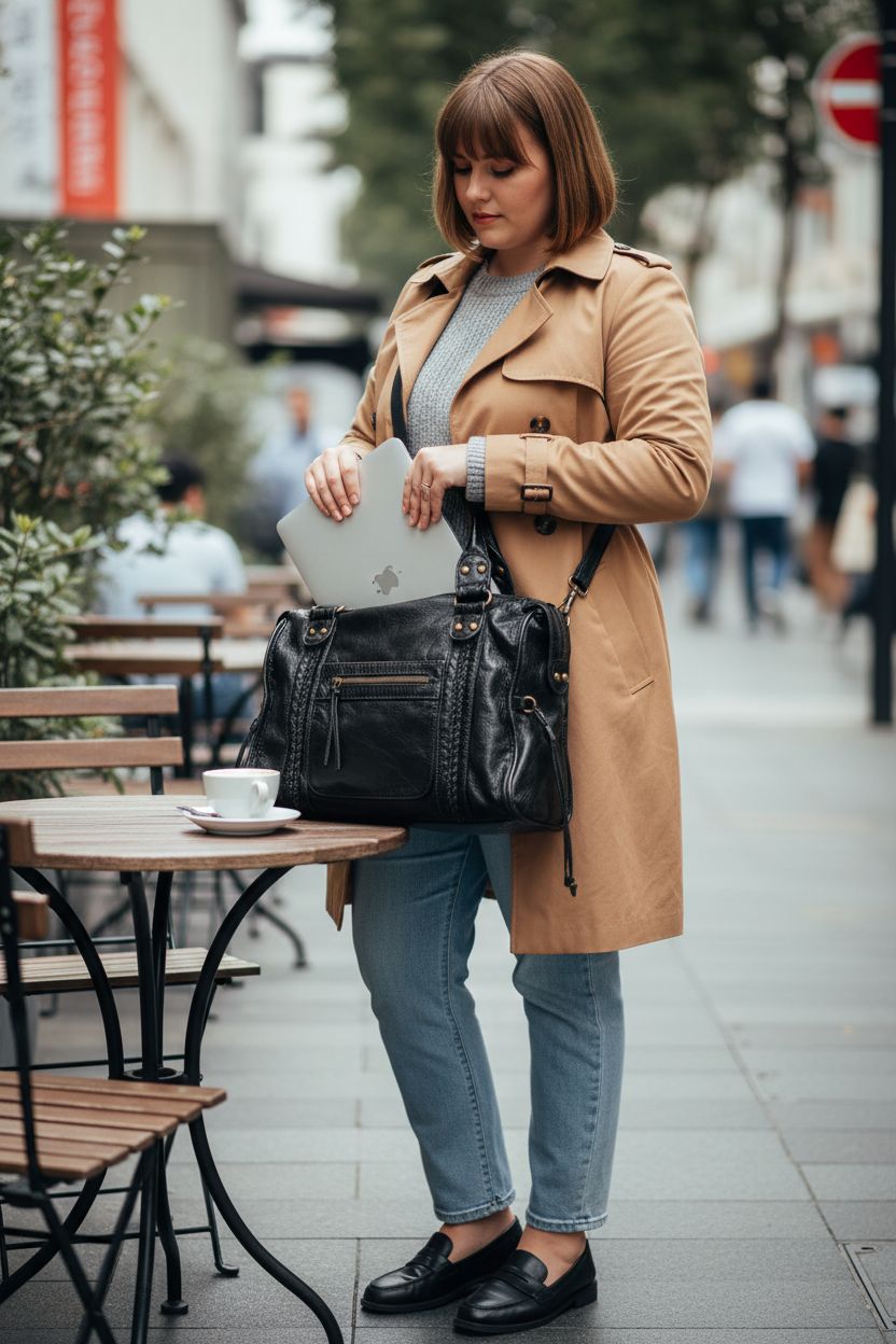 JOLLQUE vintage crossbody city bag in black with rivets, showcasing washed leather texture and spacious interior.