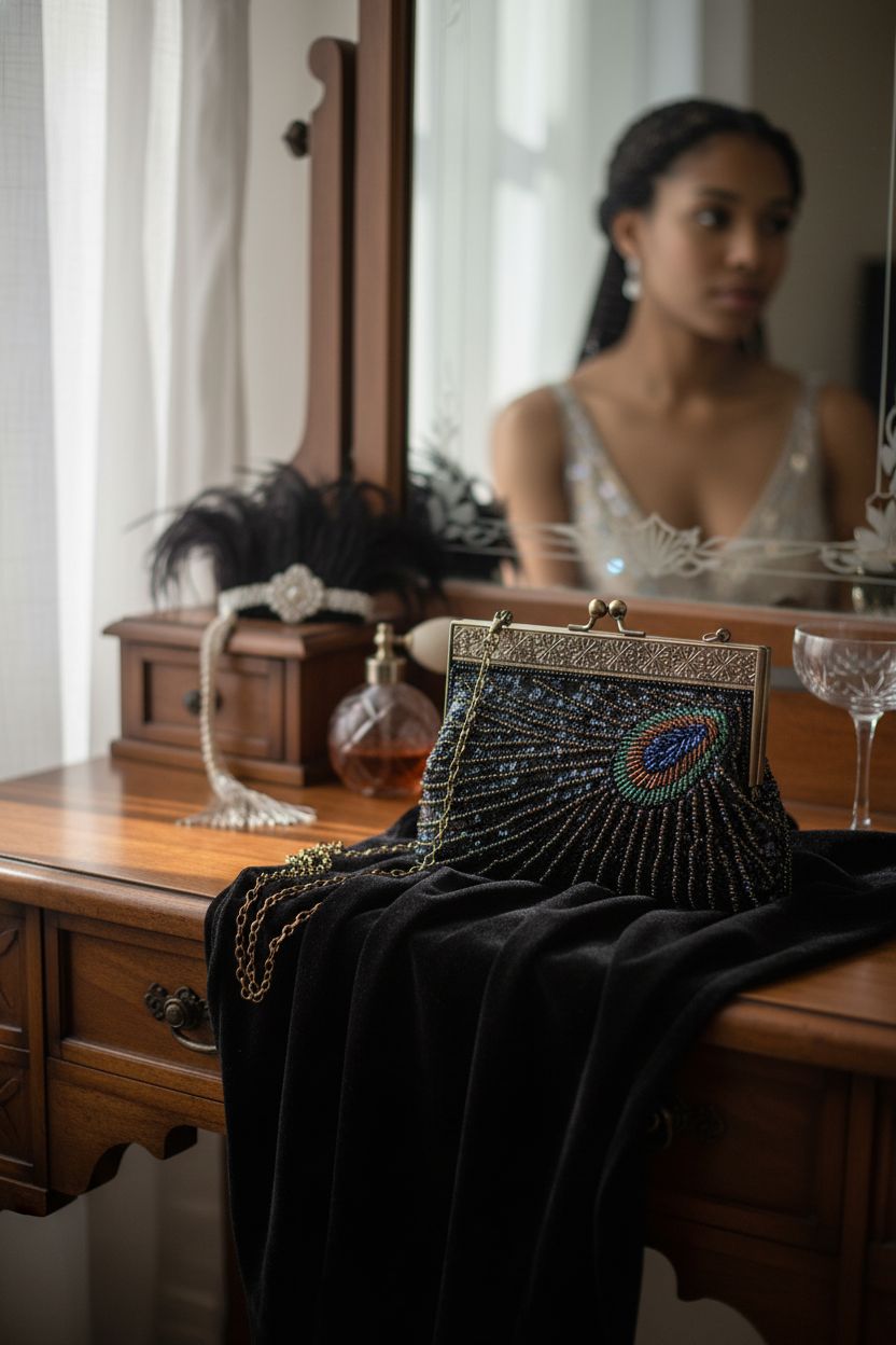 BABEYOND peacock clutch elegantly displayed on a velvet surface in a vintage vanity setting.
