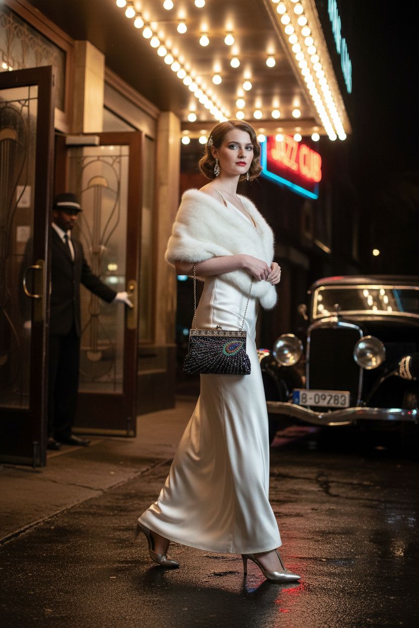 Chic BABEYOND vintage beaded peacock clutch complemented by an ivory satin gown at a jazz club.