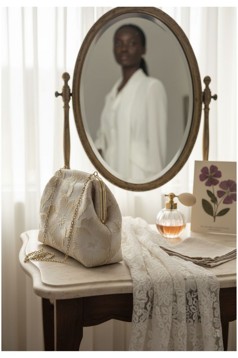OYOANGLE vintage clutch resting on marble vanity with soft morning light ambiance.