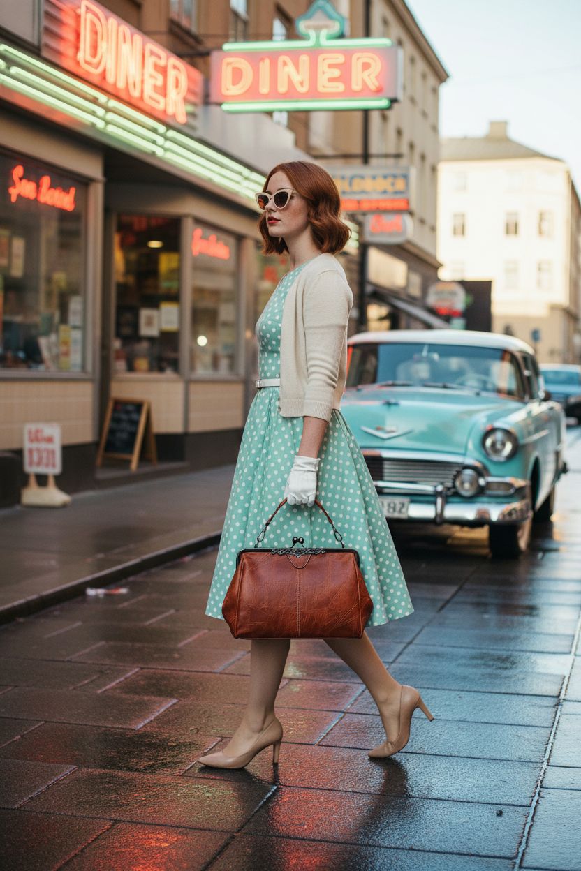 Segater retro kiss-lock handbag in vintage 1950s fashion setting outside a diner
