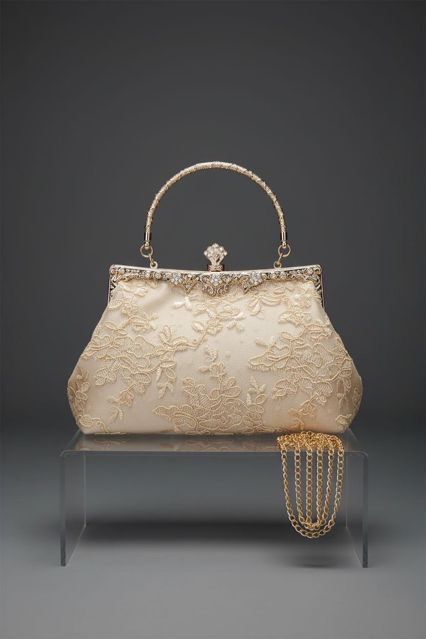 UBORSE 1920s vintage champagne lace clutch on charcoal backdrop, showcasing details
