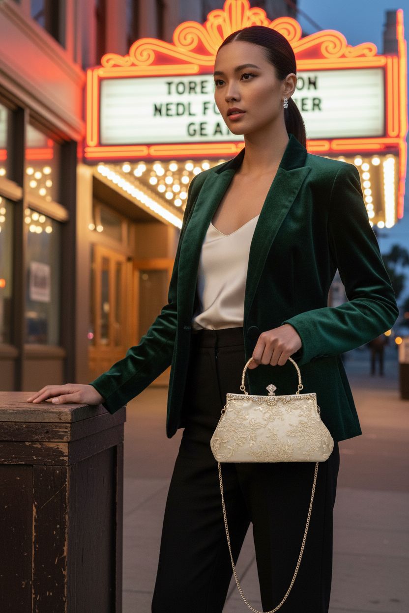 UBORSE champagne lace clutch showcased outside vintage theater with rhinestone handle